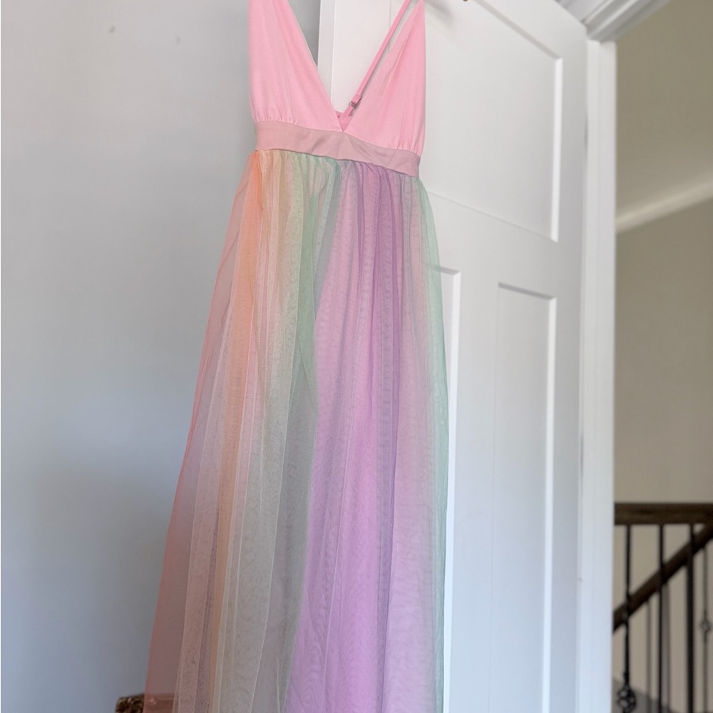 Pastel Pink V-Neck Rainbow Tulle  Dress